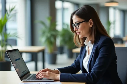 Femme professionnelle activant son espace CE Loxam en ligne sur un ordinateur portable au bureau