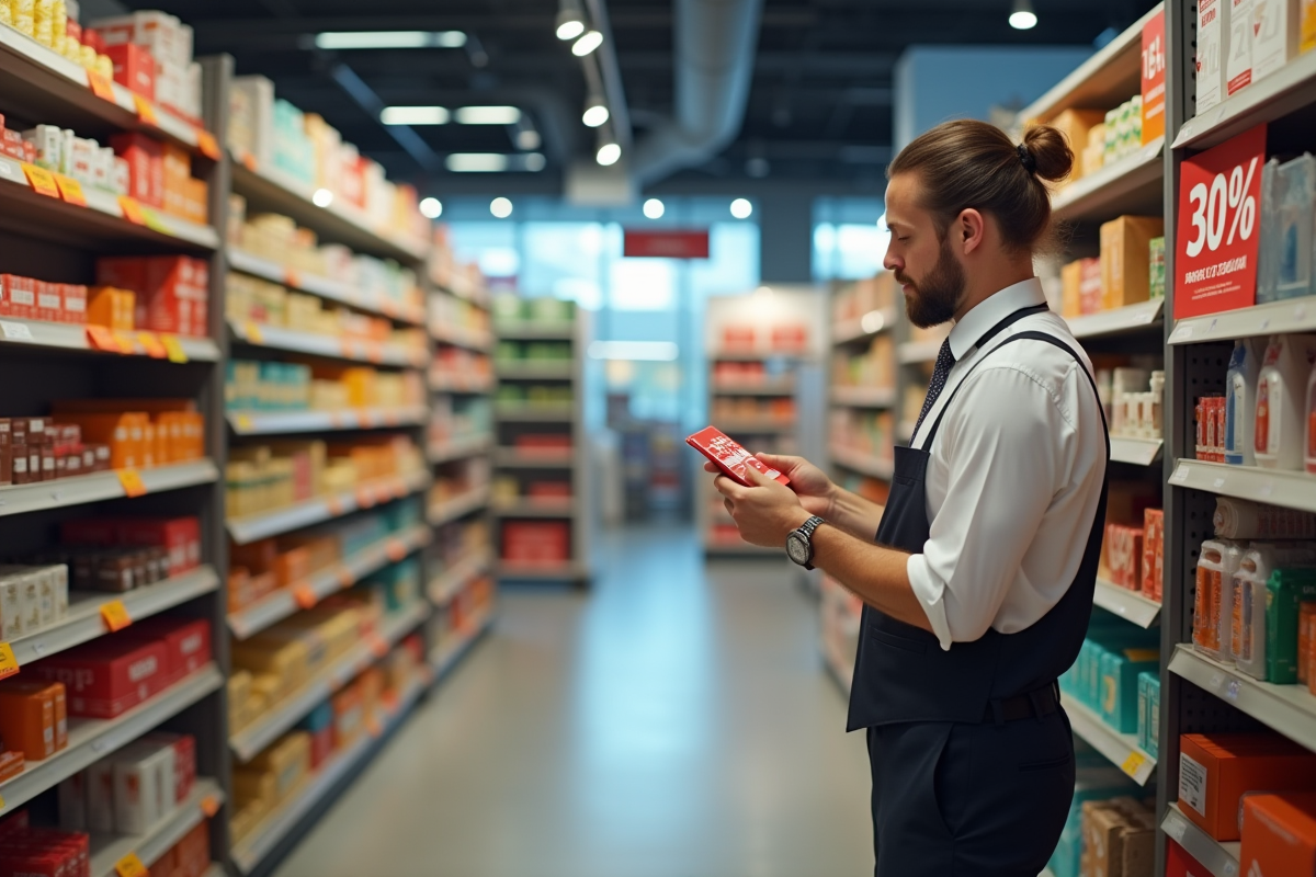 Vendeur arrangeant des etiquettes de soldes dans un magasin lumineux