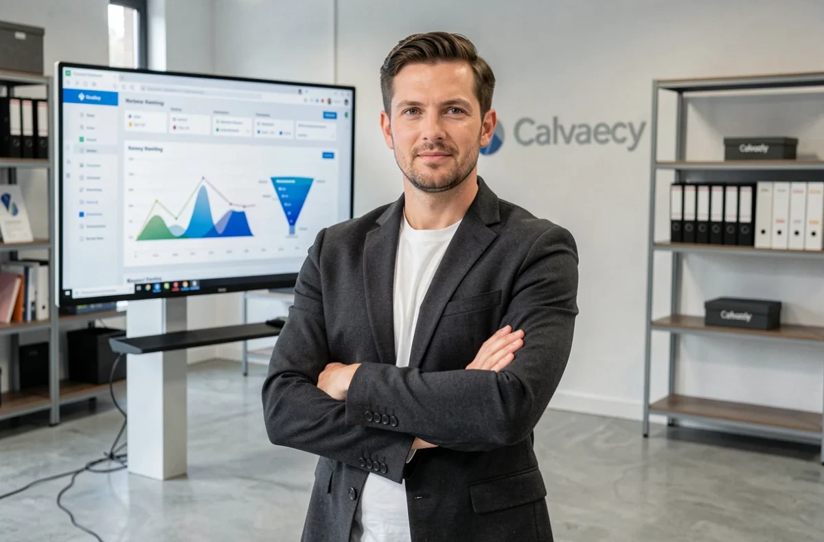 Responsable de l'agence Digital Loop posant dans ses bureaux modernes du Calvados devant un tableau de bord marketing