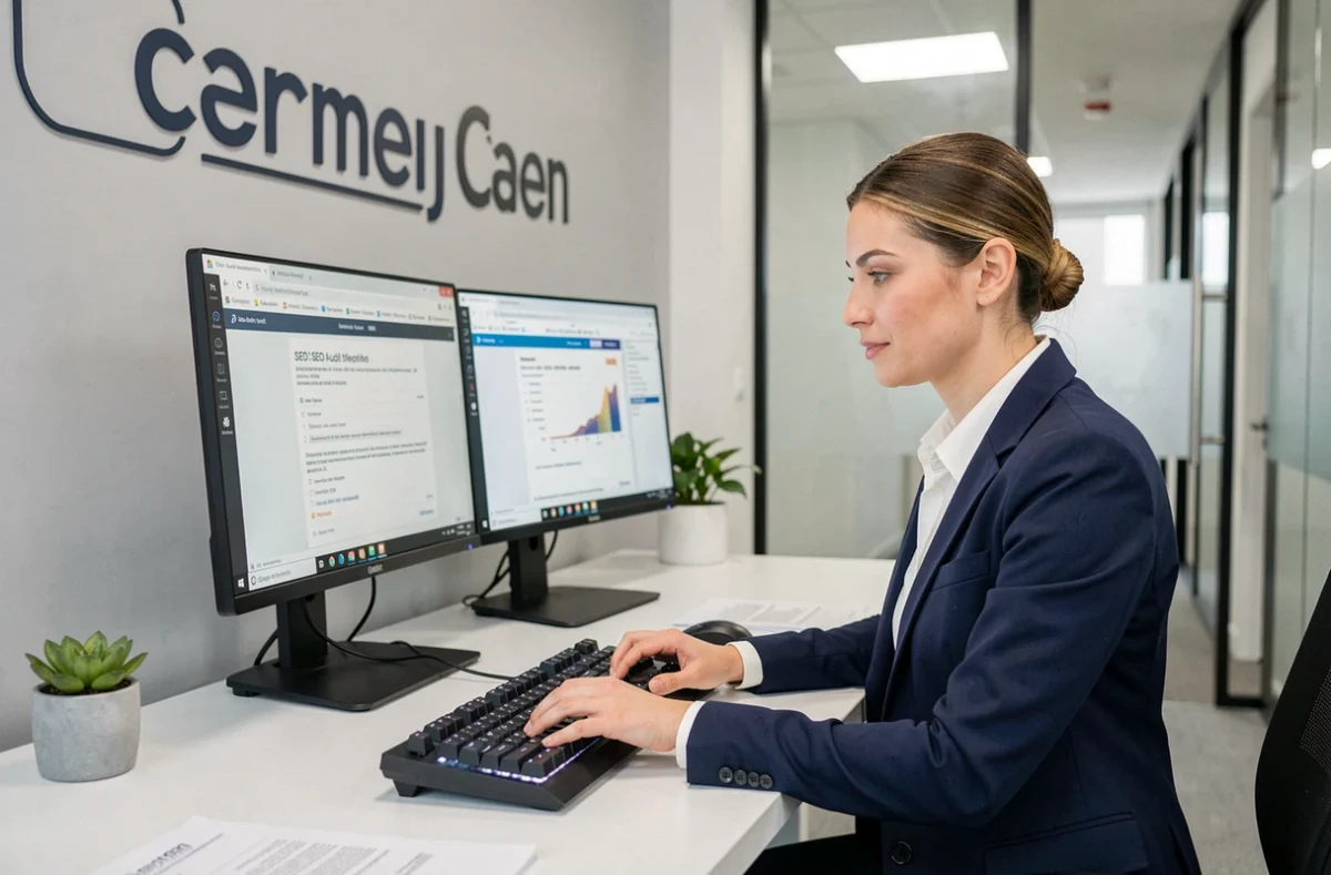 Consultante SEO de l'agence Maxelik travaillant sur un audit de référencement dans un bureau moderne à Caen