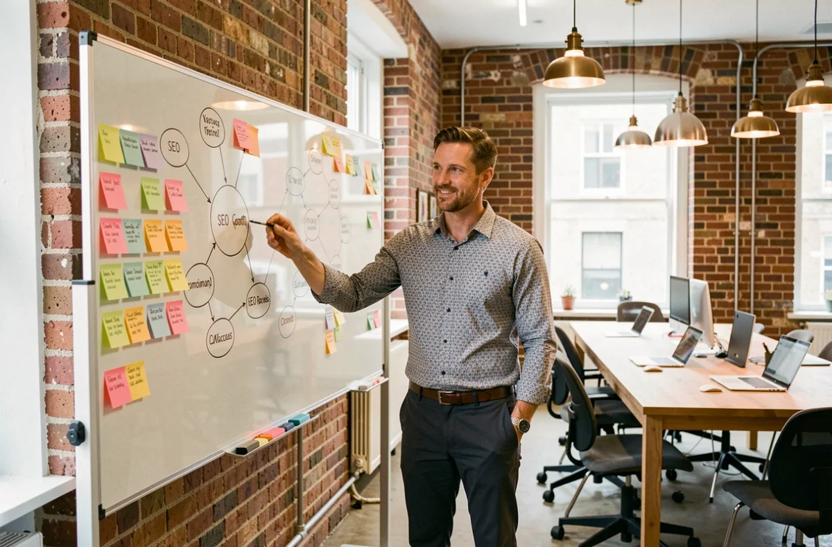 Stratège digital de l'agence Nouveau Regard présentant une stratégie SEO sur un tableau blanc dans un studio créatif normand