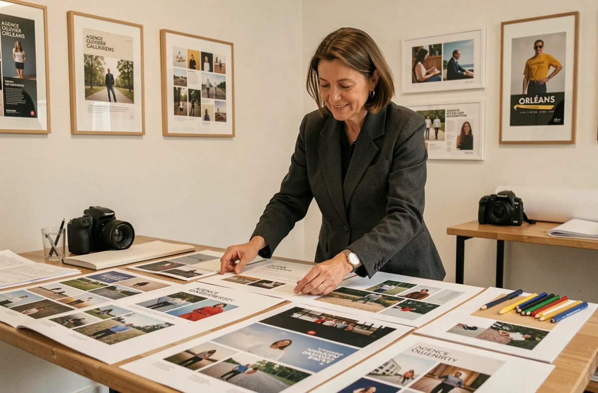 Directrice artistique de l'agence Olivier à Orléans révisant des visuels d'identité de marque dans un studio créatif