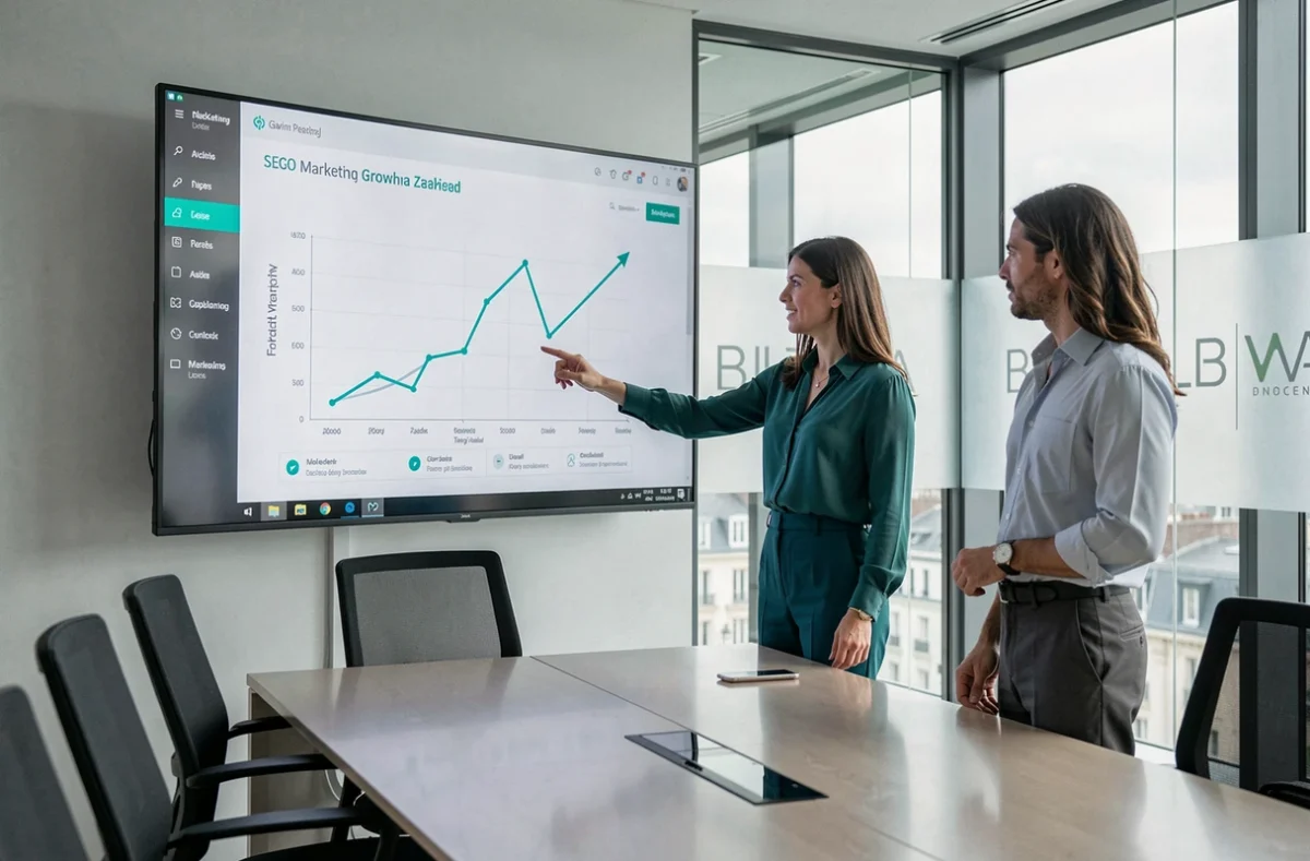 Équipe de Seobooster présentant un rapport de croissance SEO lors d'une réunion stratégique dans leurs bureaux modernes