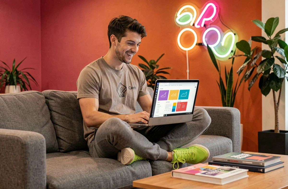 Designer digital de l'agence Snazzy travaillant sur des maquettes web créatives dans un espace lounge coloré à Caen
