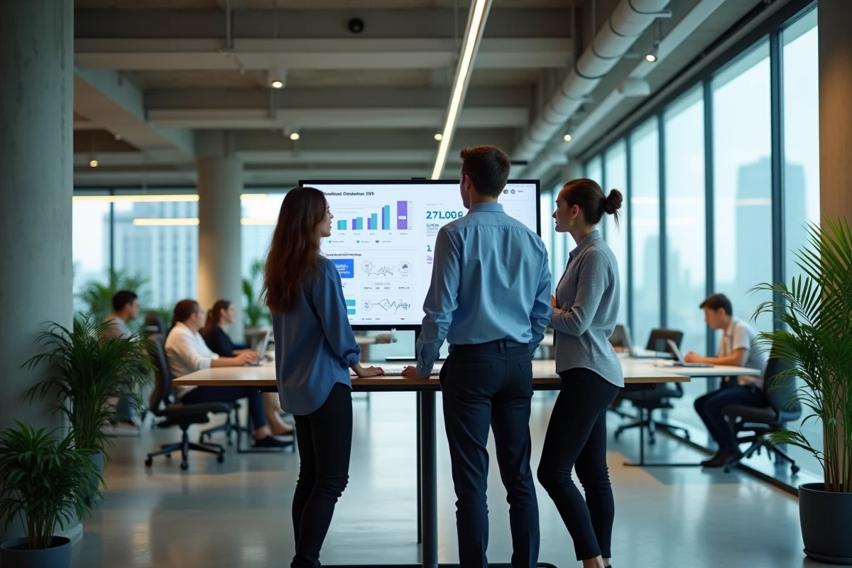 Équipe d'une agence de staffing en conformité analysant des indicateurs de performance réglementaire dans un bureau moderne en open space