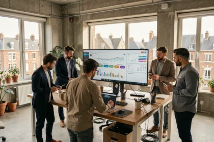 Équipe d'une agence SEO en Normandie collaborant autour d'un tableau de bord analytique dans un bureau moderne