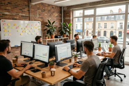 Bureau d'une agence web moderne dans le Loiret avec des professionnels travaillant sur des projets numériques