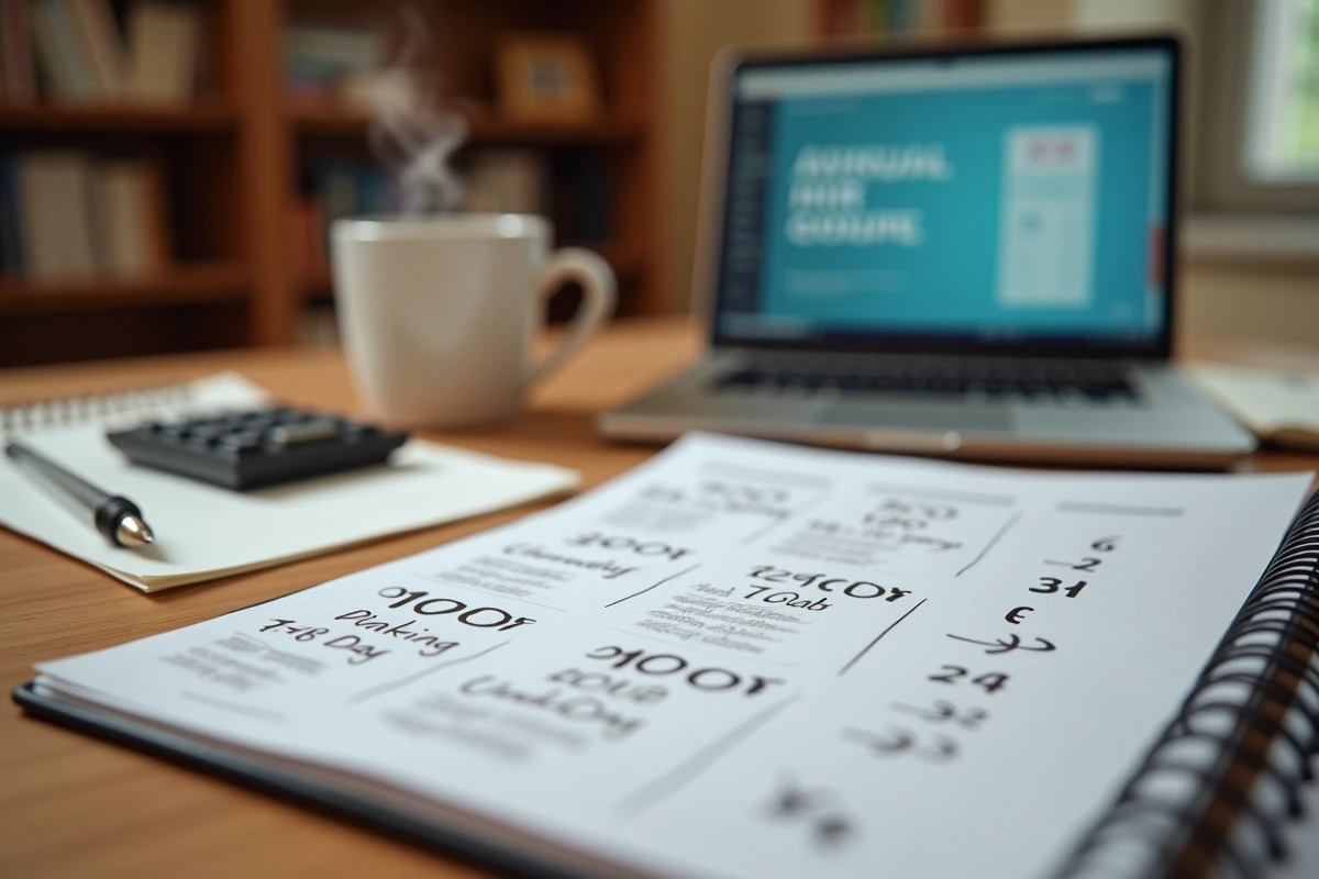 Agenda de bureau ouvert avec calcul manuscrit des jours travaillés annuels, calculatrice et café sur un bureau en bois