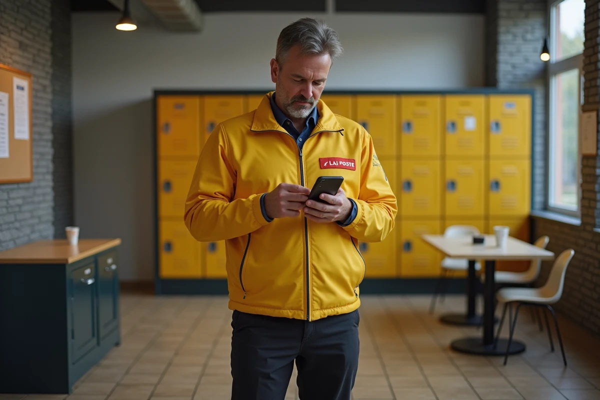 Agent de La Poste en veste jaune vérifiant ses droits horaires sur smartphone dans une salle de pause