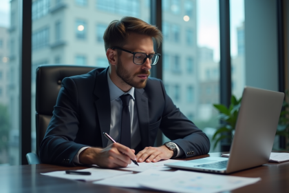 Analyste financier homme au bureau avec papiers et graphique