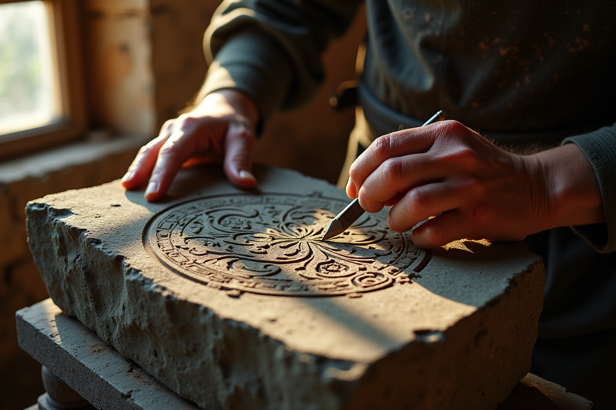 Artisan ancien gravant un logo sur pierre ancienne