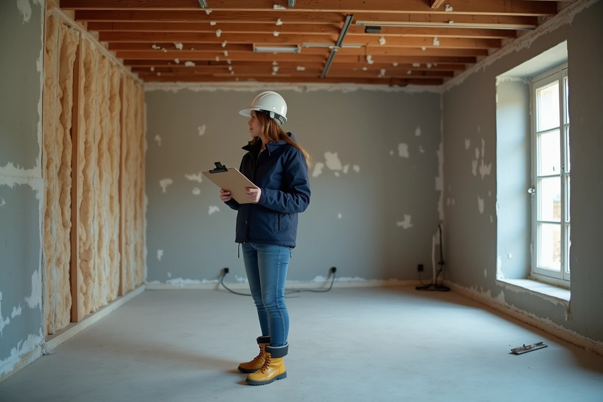 Auditrice énergétique RGE inspectant l'isolation d'une maison en cours de rénovation globale