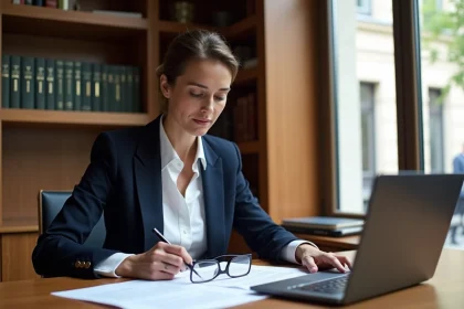Avocate consultant des documents juridiques sur un bureau en bois dans un cabinet parisien moderne