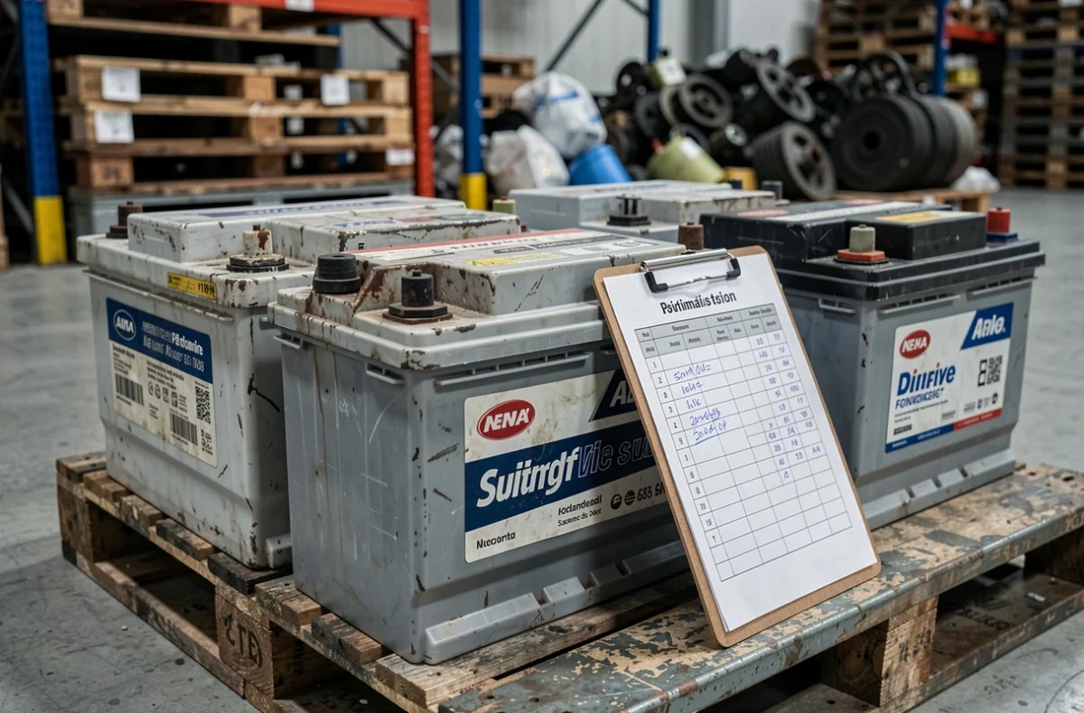 Batteries de voiture usagées sur palette avec grille de prix de rachat dans un entrepôt de recyclage