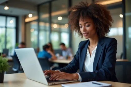 Employée utilisant une boîte à idées numérique sur son ordinateur portable dans un open space moderne
