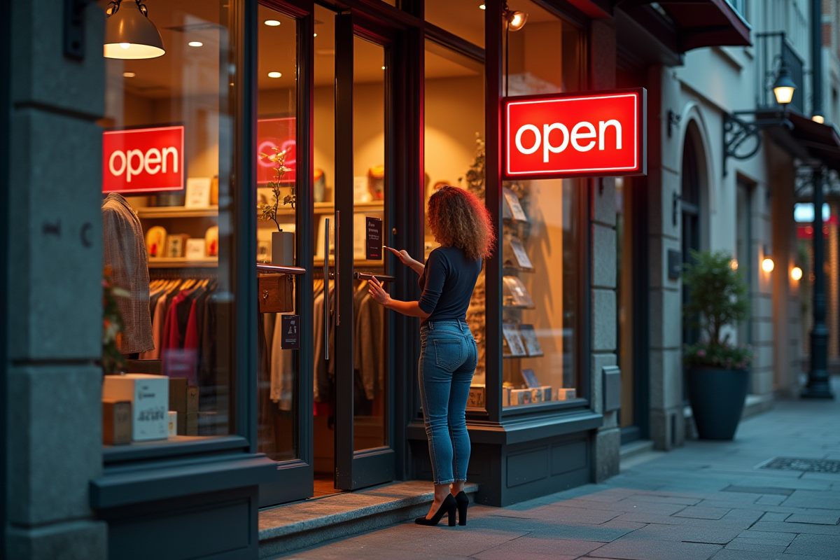 Propriétaire ajustant le panneau ouvert devant sa boutique