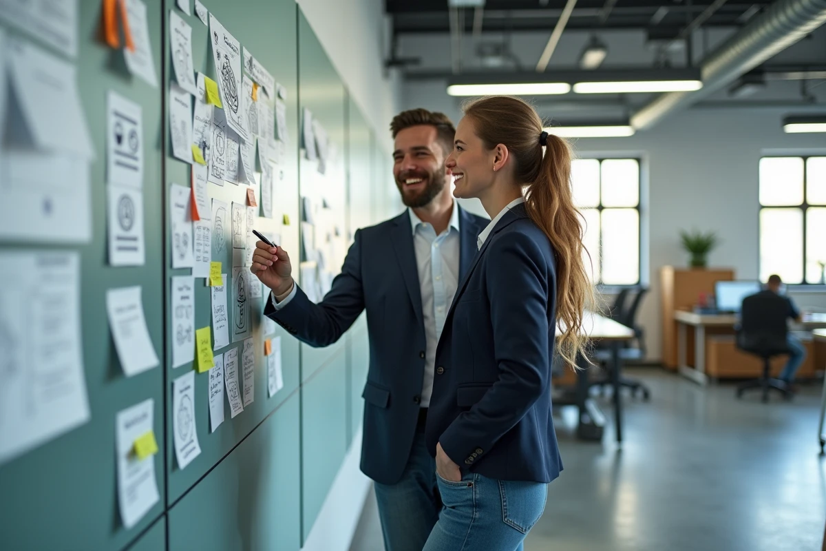 Deux innovateurs discutant devant un mur d