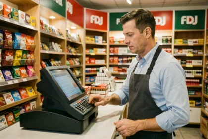 Buraliste professionnel utilisant un terminal FDJ dans une boutique tabac française en 2026