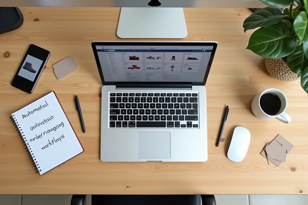 Vue de dessus d'un bureau avec ordinateur portable affichant une plateforme ecommerce NoCode, cahier de notes et smartphone