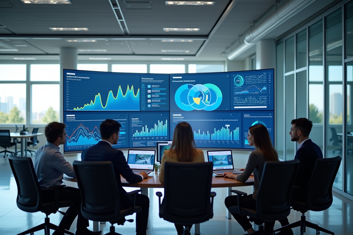 Espace de bureau moderne avec équipe analysant des données numériques