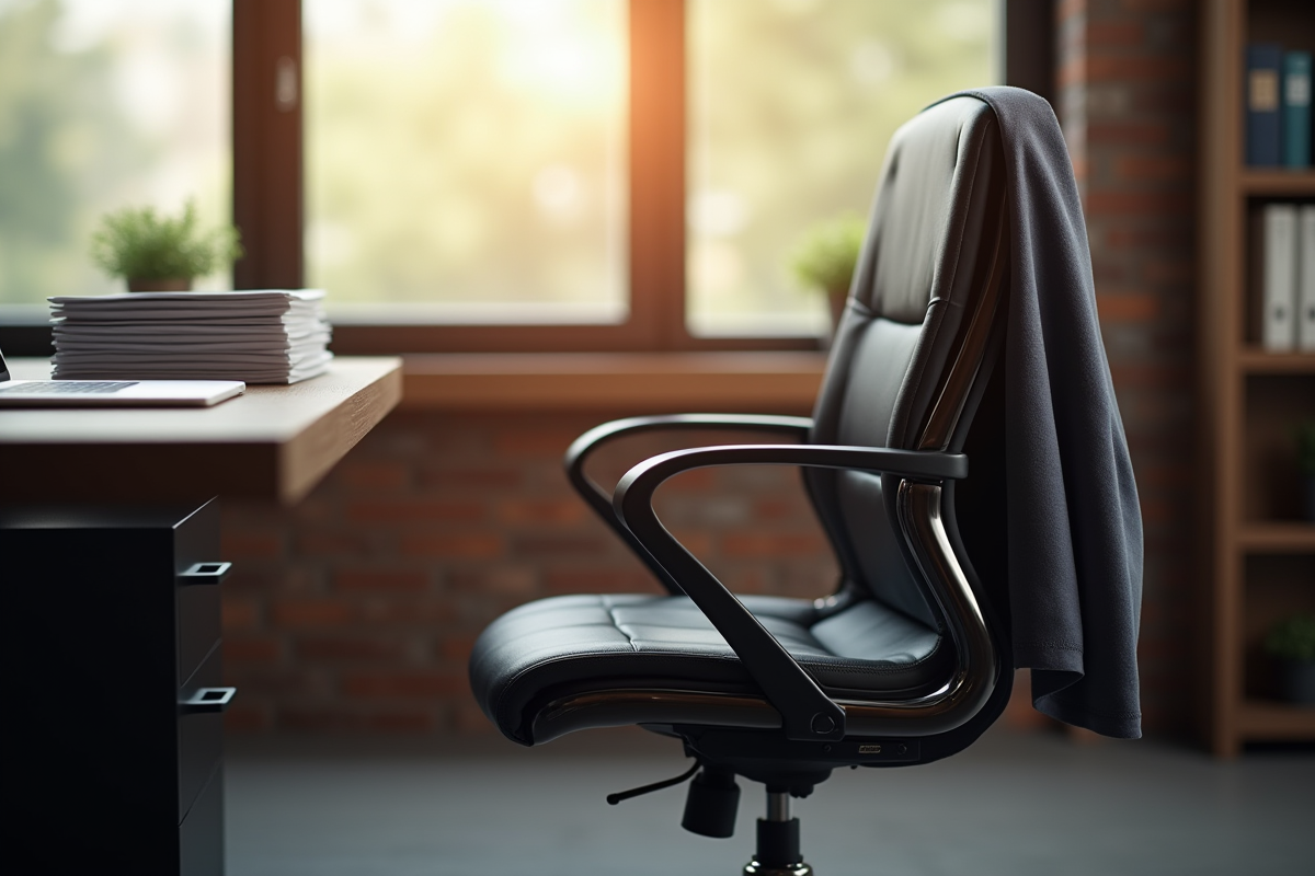 Chaise de bureau vide avec veste et documents au soleil