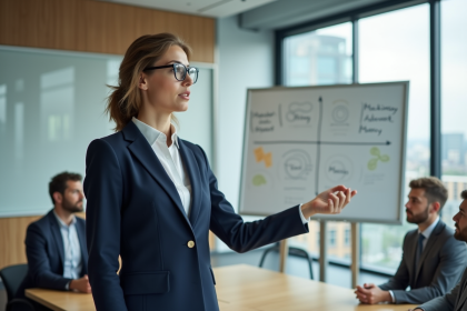 Femme d'affaires expliquant la matrice McKinsey en r&eacute;union