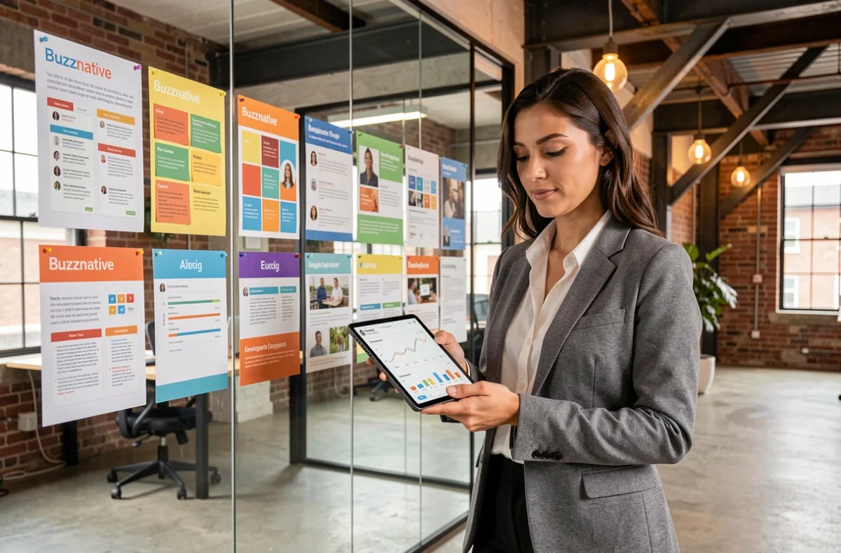 Stratège marketing digital de l'agence Buzznative présentant une campagne sur tableau de contenu créatif
