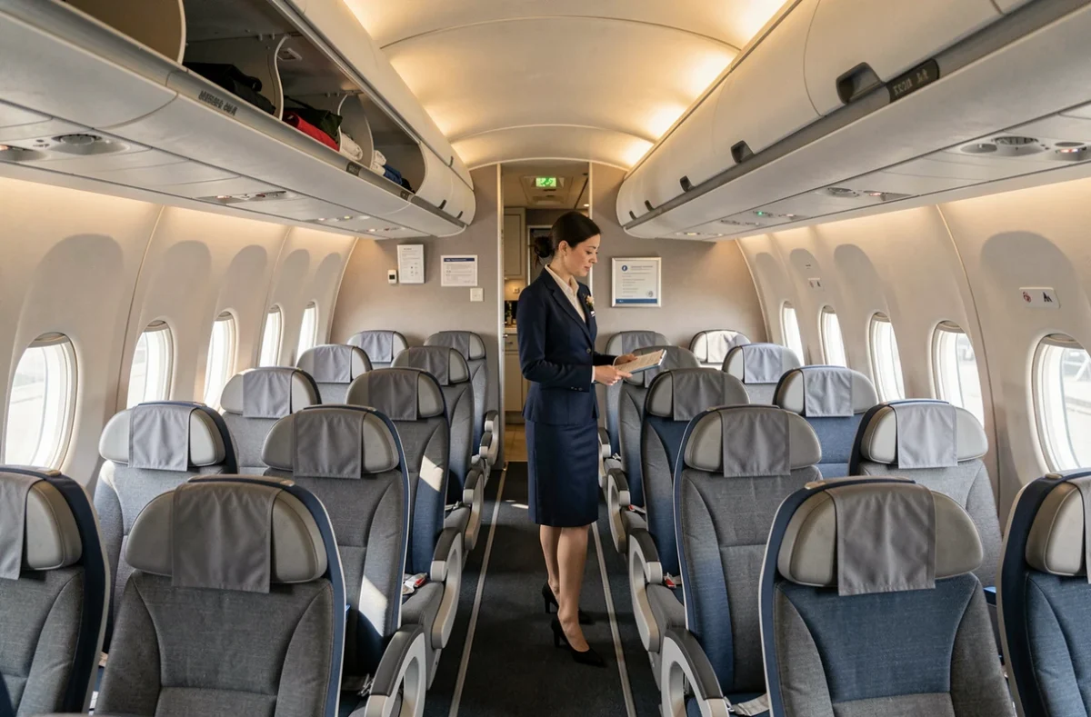 Cabine intérieure d'un avion monocouloir avec rangées de sièges économiques et hôtesse de l'air en service