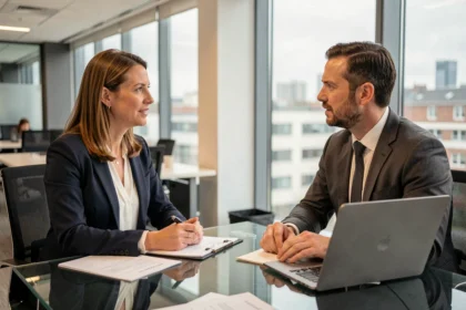 Entretien de recrutement professionnel dans un cabinet de conseil en Seine-Maritime, une recruteuse et un candidat discutent autour d'un bureau en verre dans un bureau moderne à Rouen