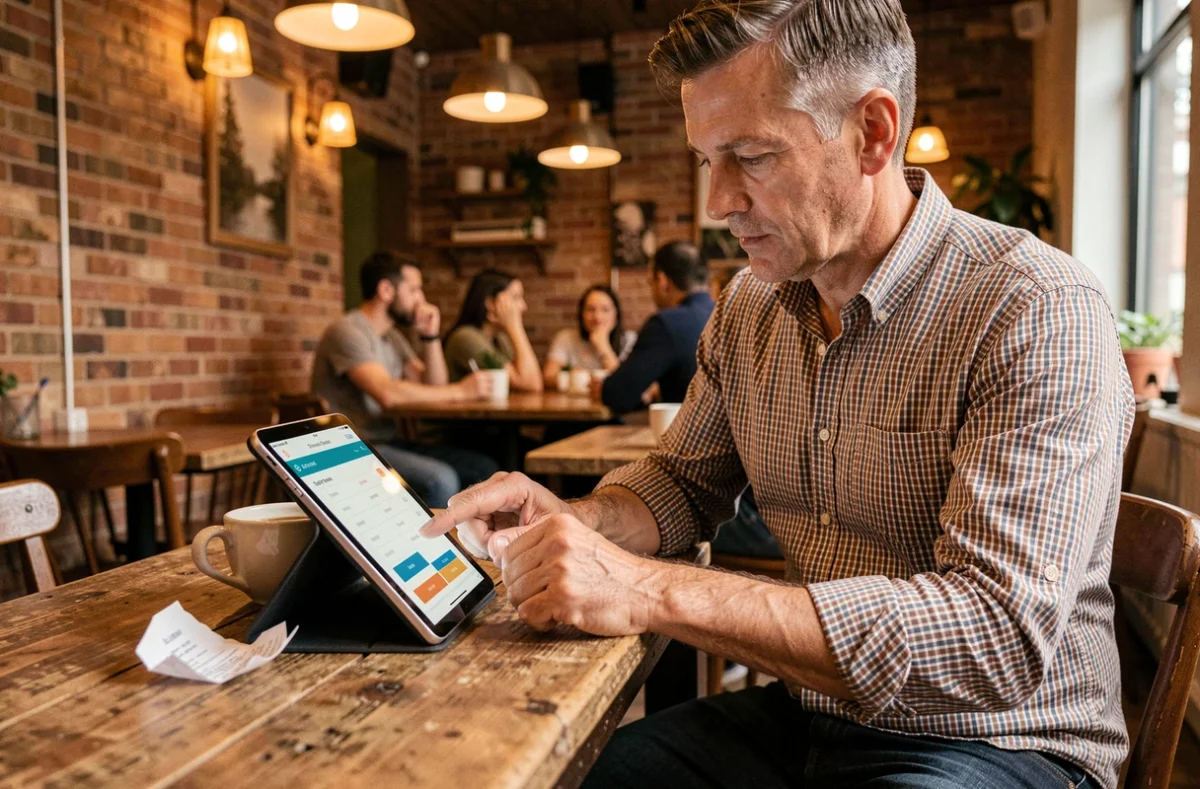 Chef d'entreprise indépendant utilisant une calculette de frais en ligne pour préparer la vente de son fonds de commerce