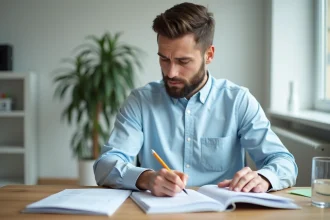 Homme concentré révisant un test PI assis à un bureau en bois dans un bureau moderne
