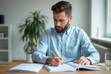 Homme concentré révisant un test PI assis à un bureau en bois dans un bureau moderne