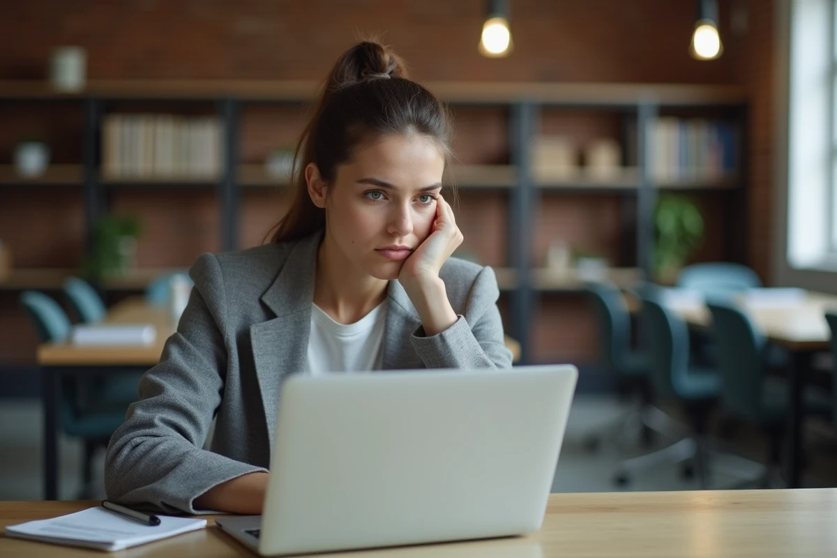 Femme perplexe face à un test PI sur ordinateur portable dans un espace de coworking