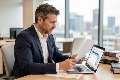 Entrepreneur consultant analysant des documents de cession de fonds de commerce sur un bureau moderne avec calculette en ligne