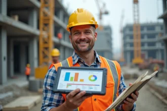 Chef de chantier BTP consultant un tableau de bord numérique sur tablette pour remplacer la gestion papier