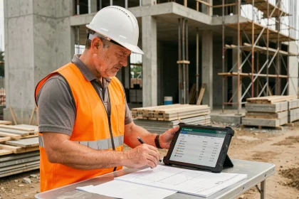Chef de chantier TPE BTP consultant une application de gestion de chantier sur tablette en extérieur
