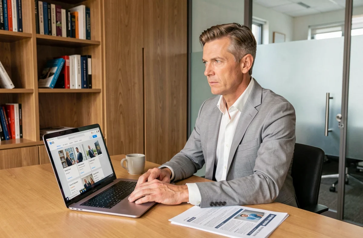 Chef d'entreprise analysant une solution B2B en ligne depuis son bureau exécutif