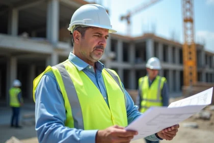 Chef de projet en s&eacute;curit&eacute; examine plans sur site de construction