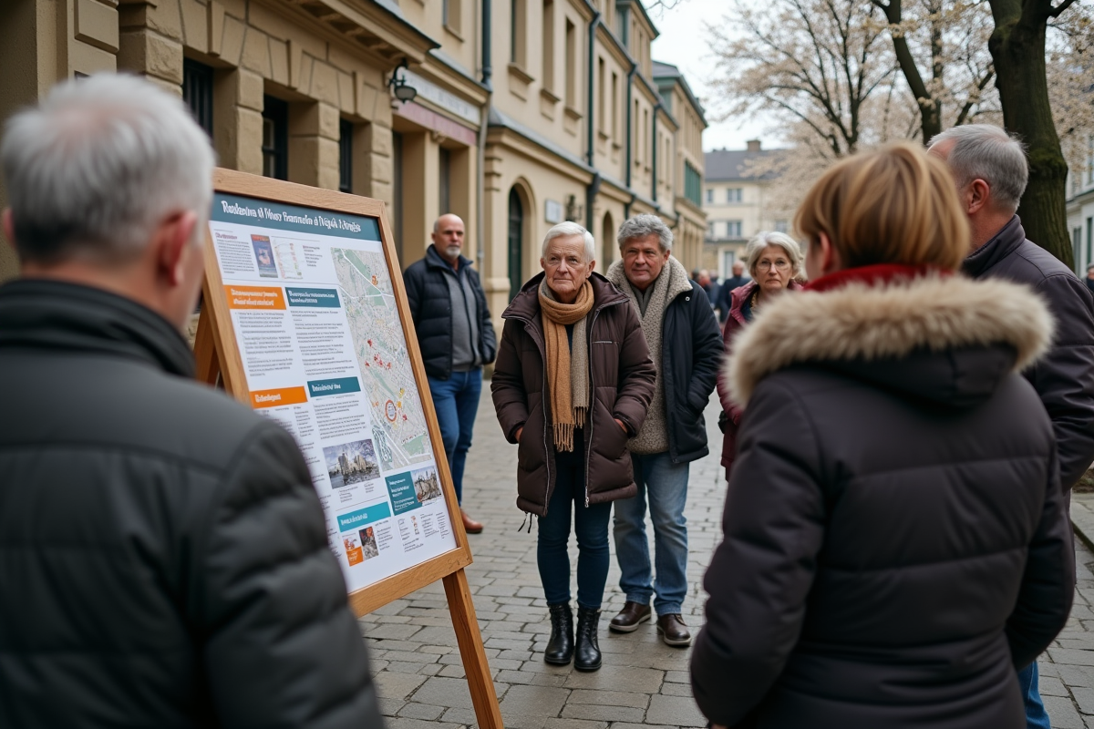 Groupe de citoyens divers dans une place publique avec panneau d
