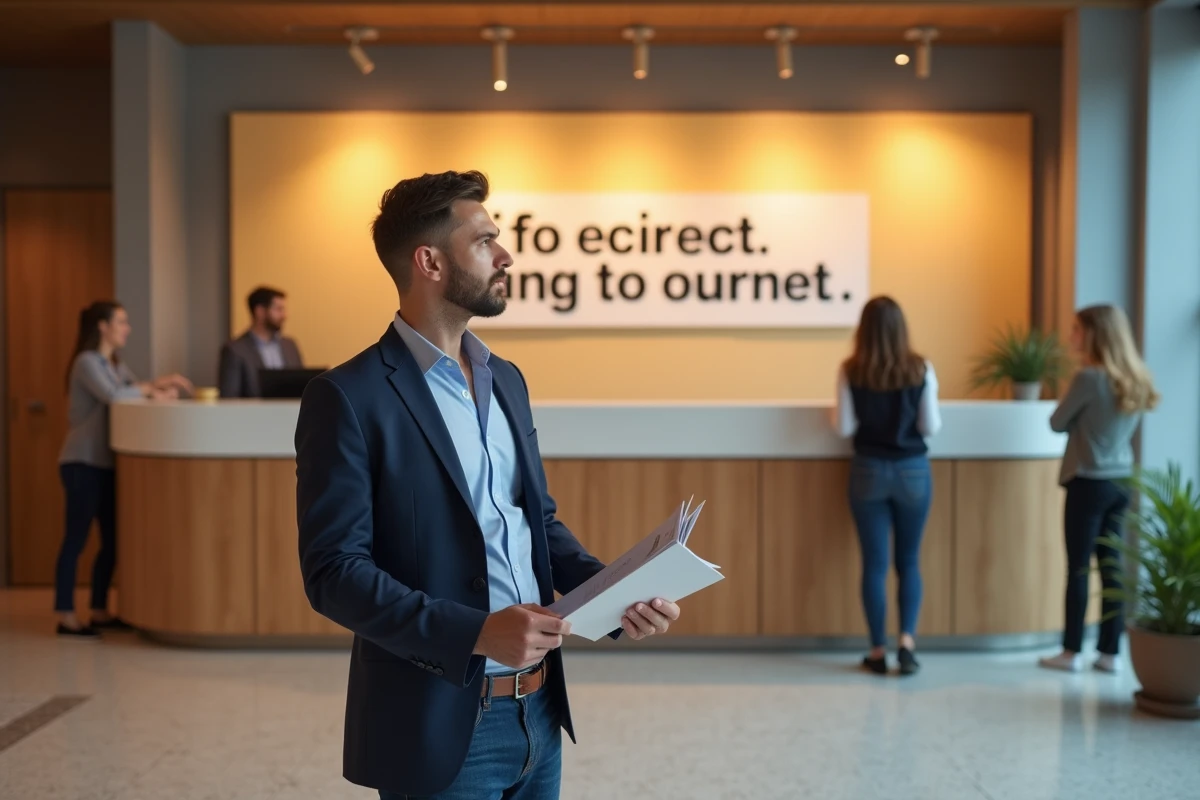 Client homme devant une banni&egrave;re avec slogan