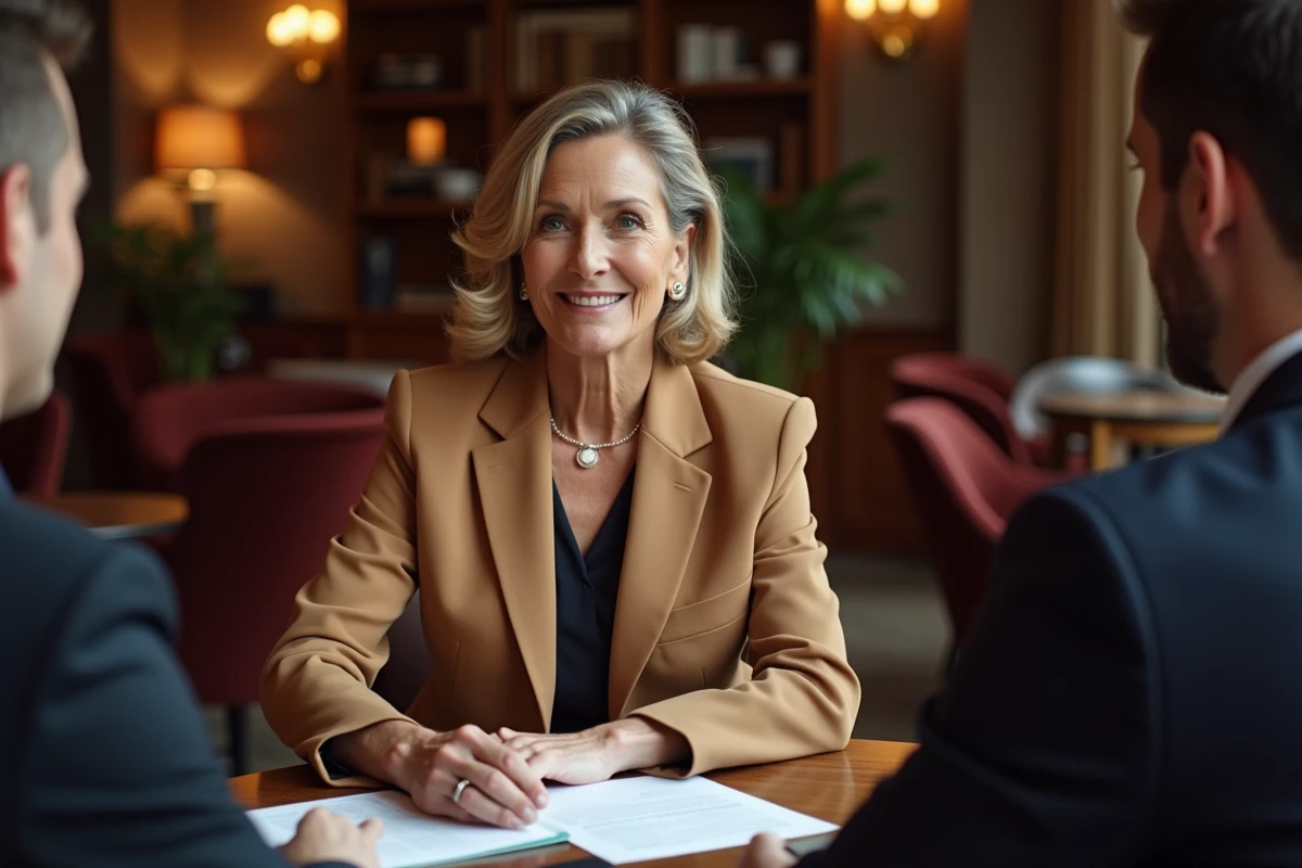 Coach professionnelle en entretien stratégique avec un client premium dans un environnement haut de gamme de type lounge ou hôtel