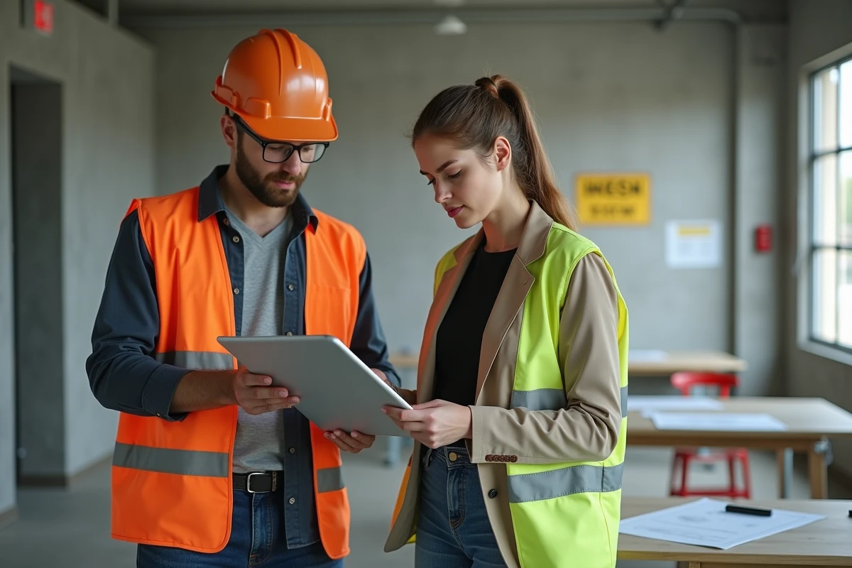 Deux collègues vérifient une checklist dans un bureau de chantier