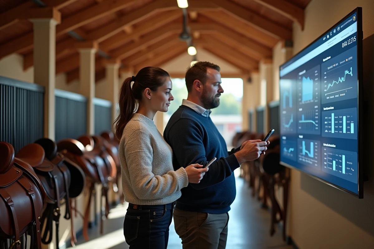 Deux professionnels de l'équitation collaborant sur un tableau de bord numérique de gestion d'écurie dans une sellerie organisée