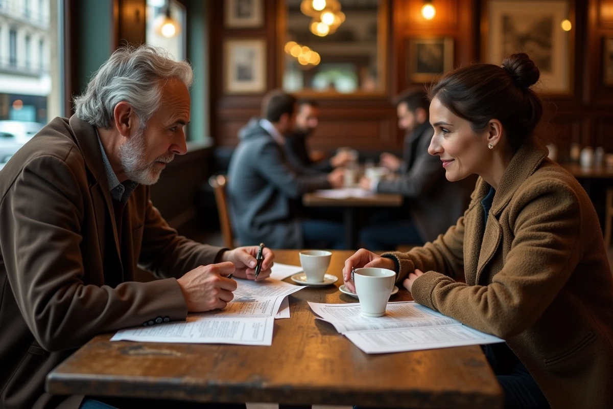 Deux professionnels du cinéma discutant d'un scénario dans un café parisien, évoquant les collaborations artistiques marquantes au cinéma