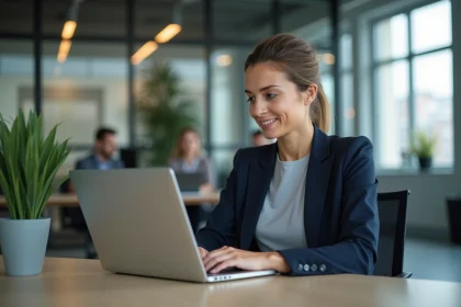 Collaboratrice BNP Paribas consultant le portail RH Alis sur son ordinateur portable dans un bureau moderne