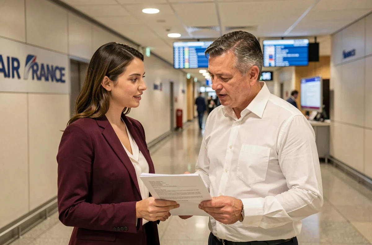 Deux employés Air France discutant de documents RH relatifs aux droits des intérimaires et CDD dans un couloir d'aéroport