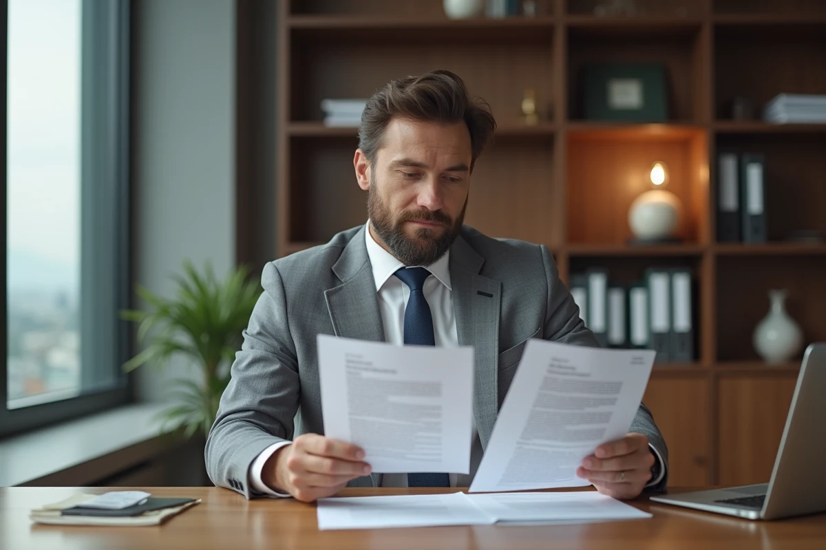 Un responsable conformité compare une proposition de cabinet d'avocats et une offre d'agence de staffing dans son bureau privé