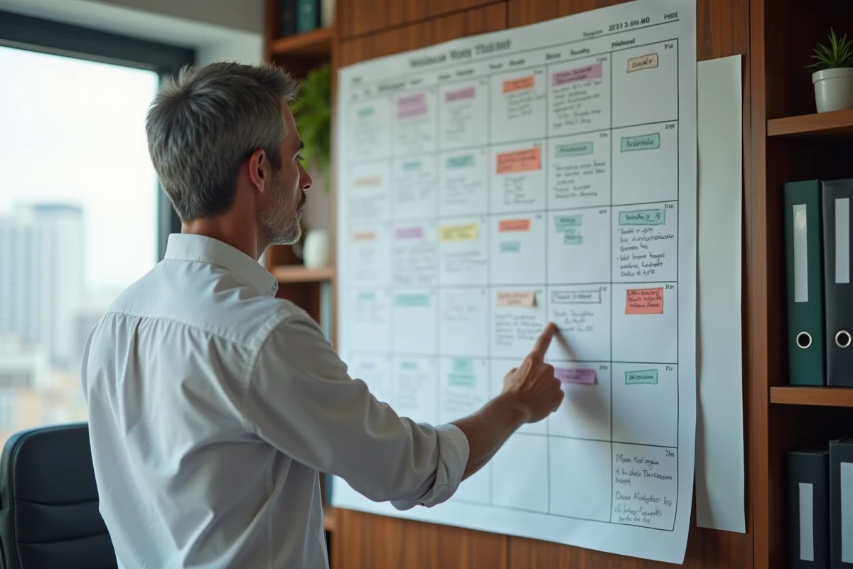 Comptable masculin pointant un calendrier annoté de jours ouvrés et jours fériés dans un bureau professionnel