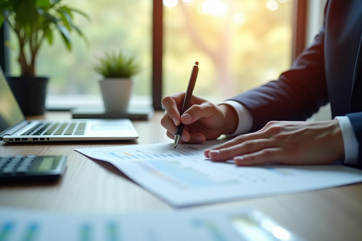 Comptable professionnel vérifiant des états financiers le matin