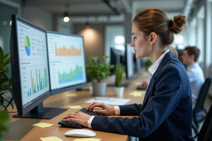 Femme configuring un logiciel de suivi du temps AgileTime sur un ordinateur de bureau dans un open space moderne